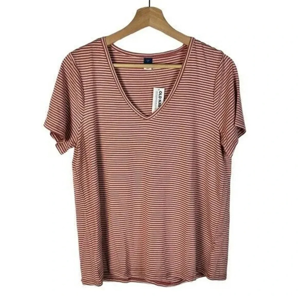 Old Navy Luxe Red & White Stripe V-Neck Short Sleeve T-Shirt M - Picture 3 of 5